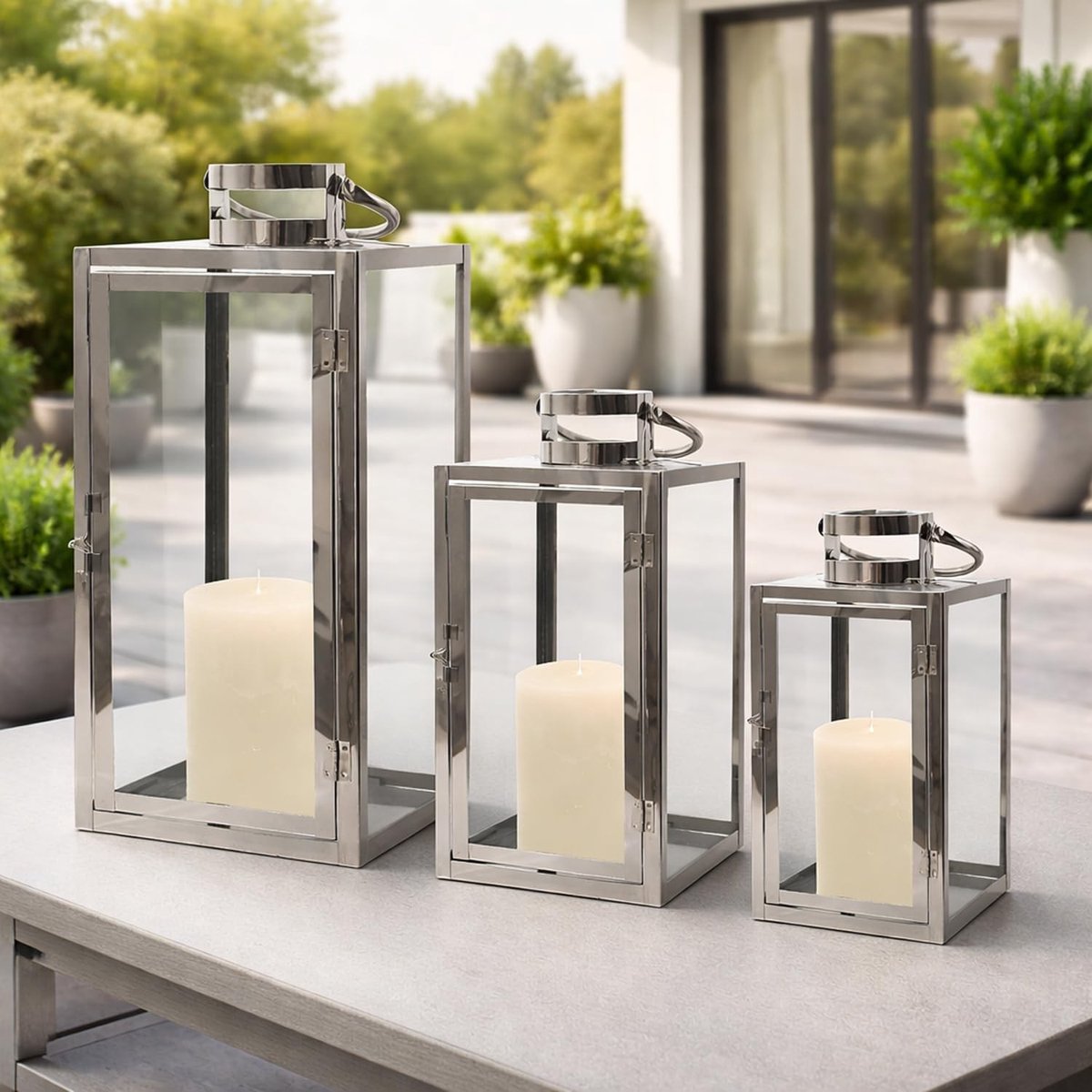 Set van 3 Luxe Tuinlantaarns - en Glas - Zilver