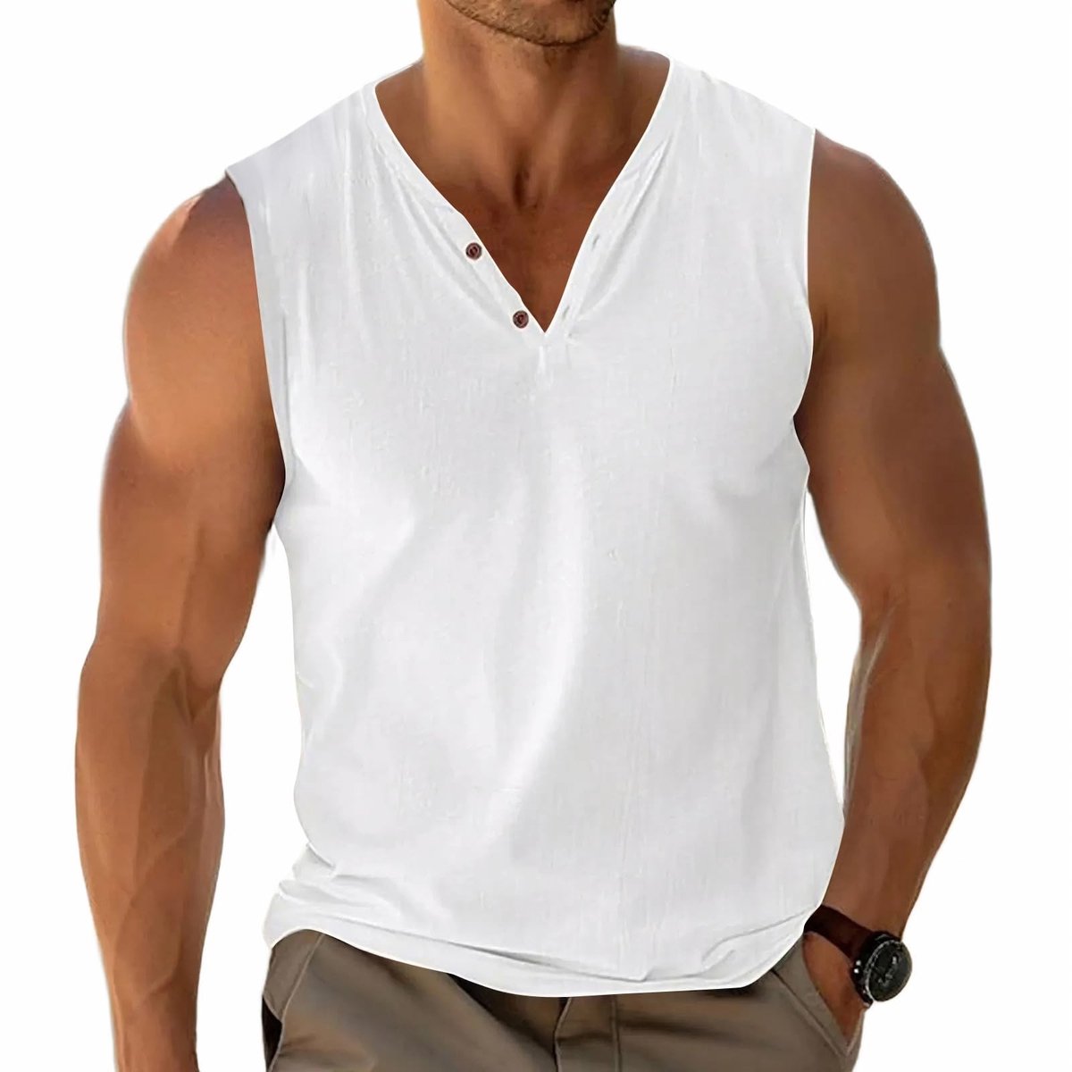 Heren Mouwloze Tanktop - Casual Wit - Henley Kraag