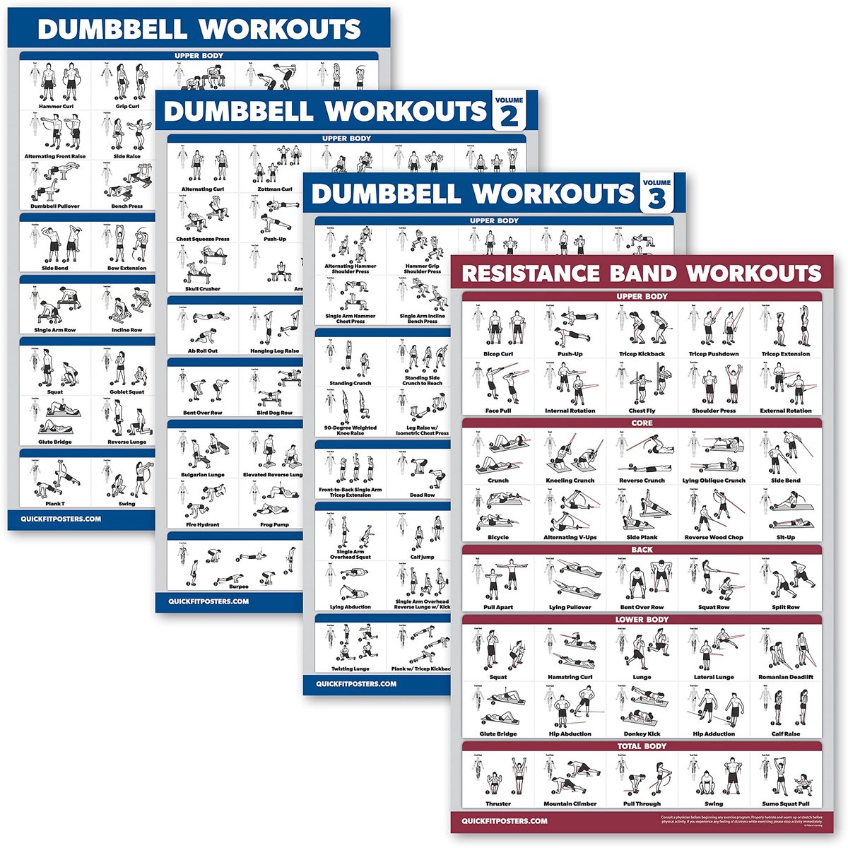 Dumbbell Training Posters Set van 4 - Gelamineerd, 18" x 24"