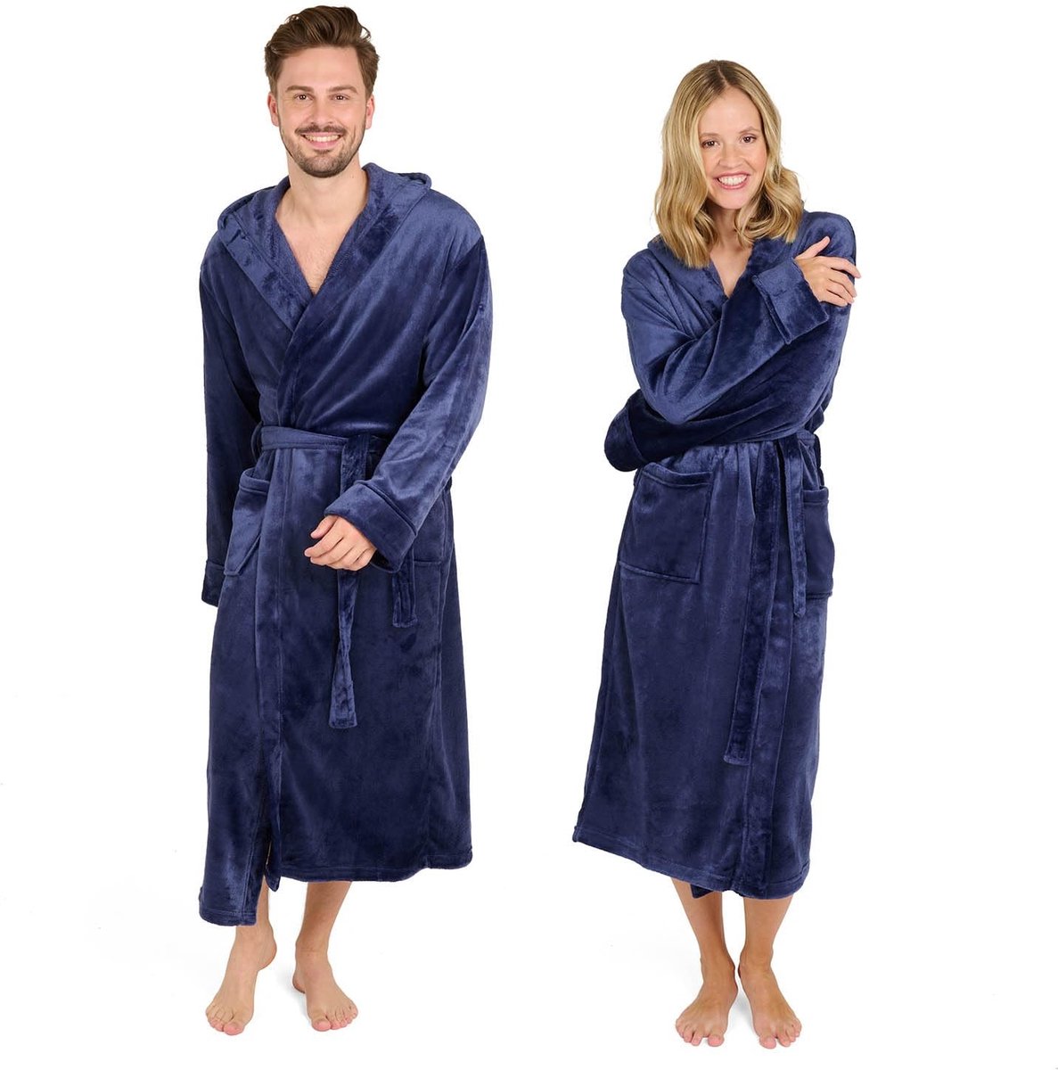 Badjas Unisex - Fleece met Kap en Zakken - Donkerblauw