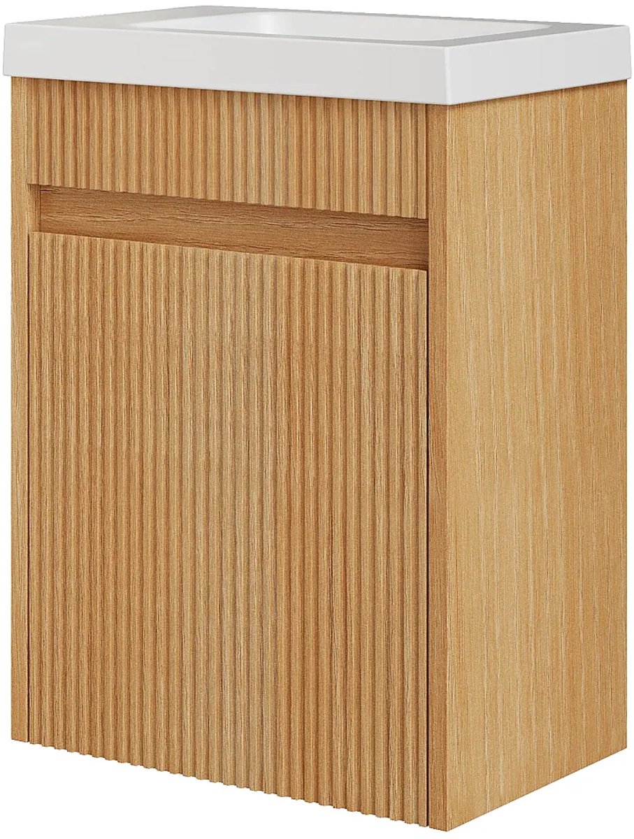 Vente-unique Wandgemonteerd badmeubel met gegroefde essenhouten afwerking en matwitte harswastafel - Licht natuurlijk - 40 x 25,5 x 54 cm - DROVI