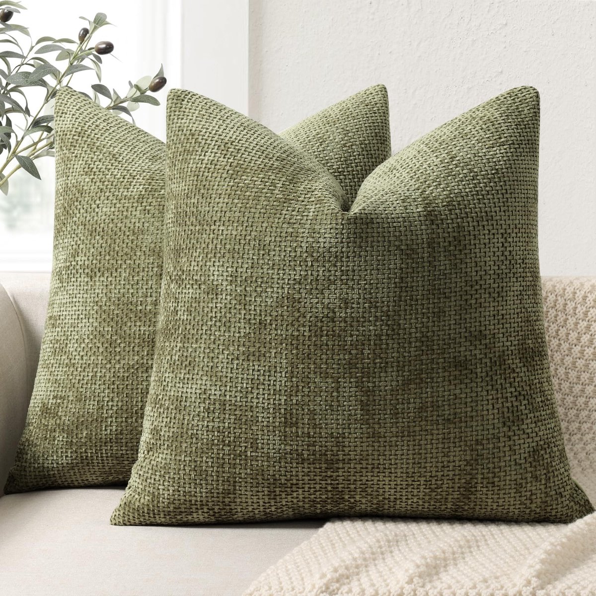 Set van 2 Chenille Kussenhoezen 45 x 45 cm - Olijfgroen - Decoratief voor Sofa en Bed