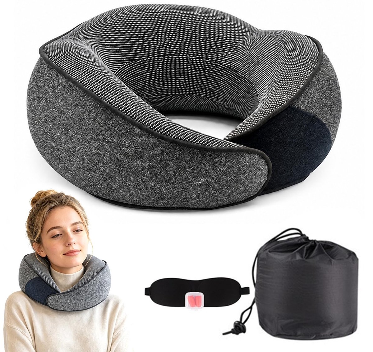 Nekkussen voor reizen - 360° ergonomische ondersteuning met oogmasker en oorstekers - Donkergrijs