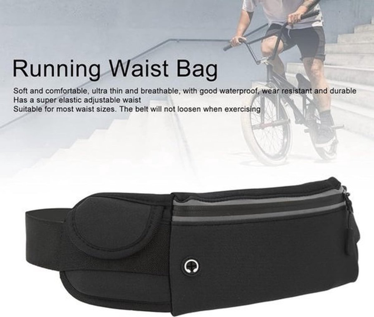 Pochete corrida ademend hardlooptasje met meerdere zakken Ultradunne neopreen reflectorontwerp om te wandelen (zwart) - Ideaal voor sportieve activiteiten