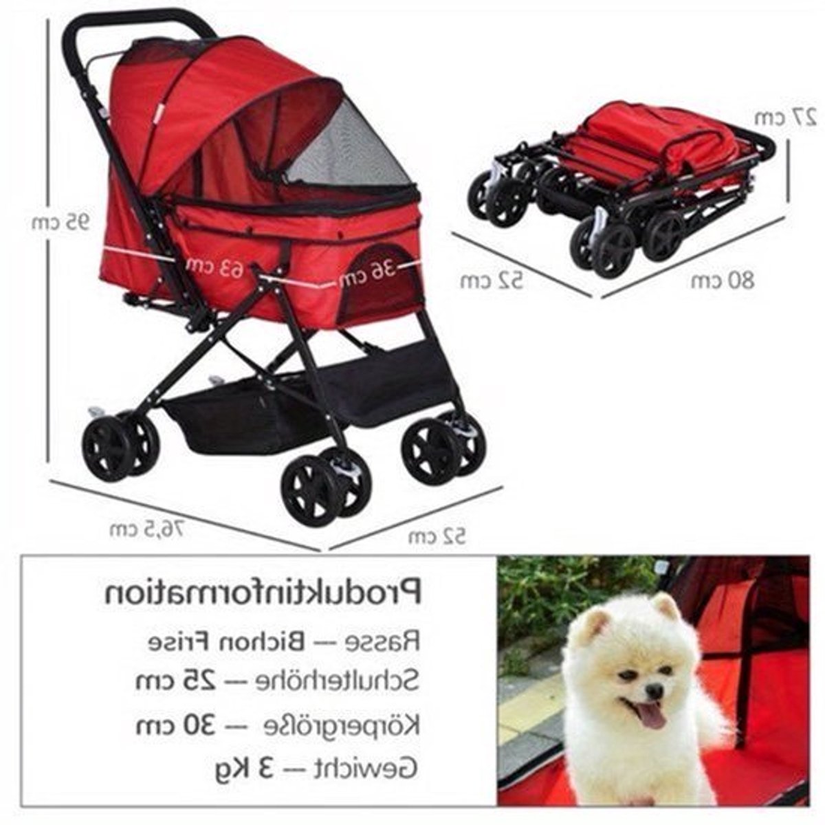 Dierenwagen – Huisdierwagen – Hondenbuggy – Kattenwagen – Dierenbuggy – Stevig IJzeren Frame – All-Terrain Wielen – Lichtgewicht Inklapbaar – Veiligheidsriem – 76x52x95cm