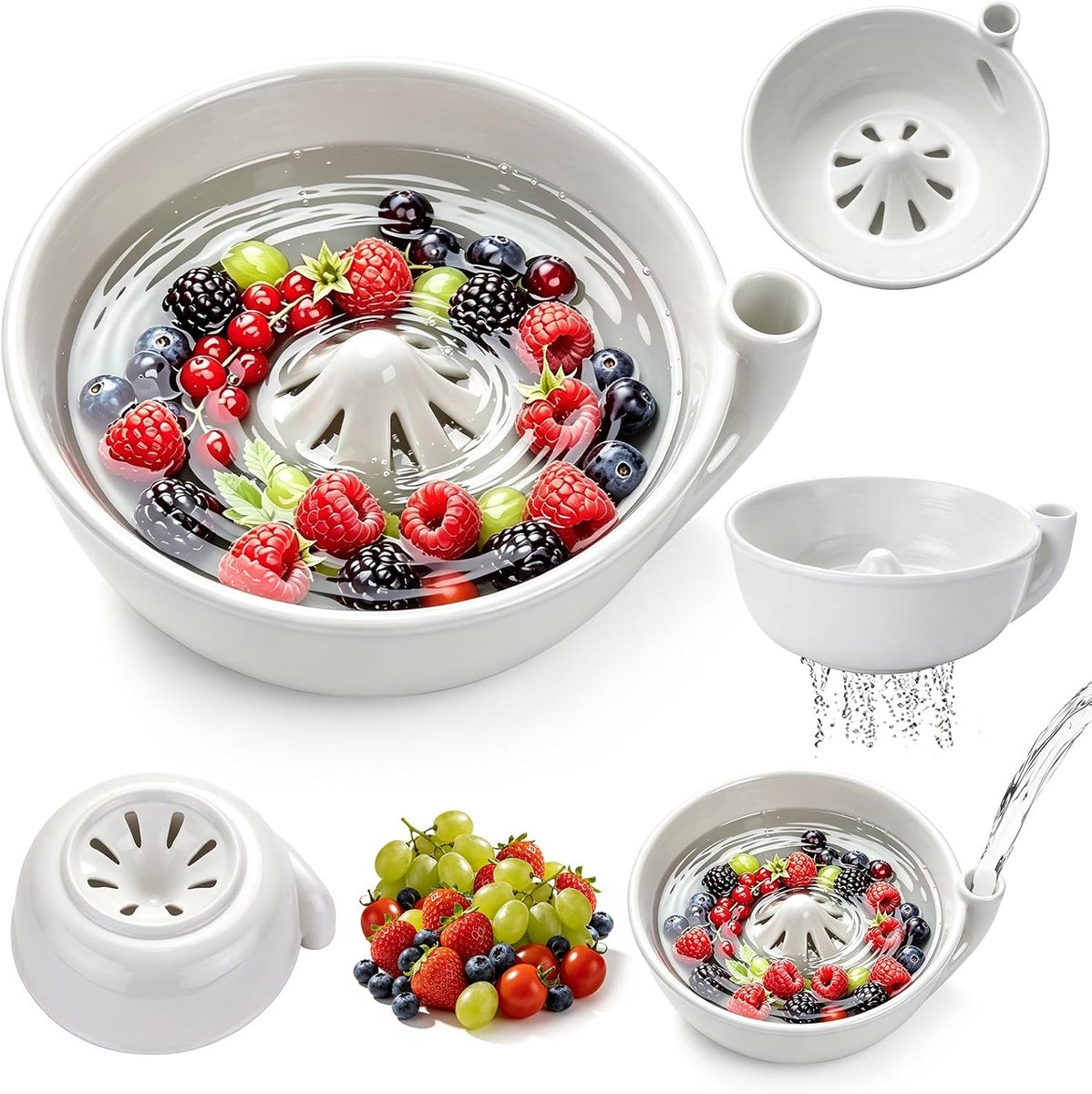 KZQ Keramische draai spoelkom voor fruit - Vergiet en fruitafvoer voor keuken - Geschikt voor bessen en klein fruit - Wit