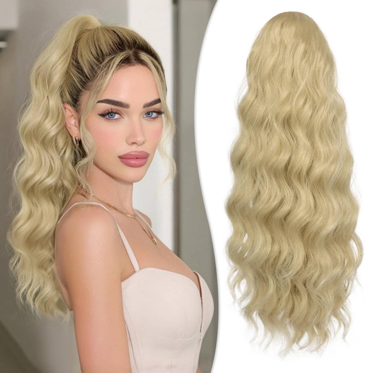Kruidige Krullende Ponytail 50 cm Clip-in Wavy Haarextensions voor Vrouwen - Synthetisch Haar met Highlights in Warm Blond