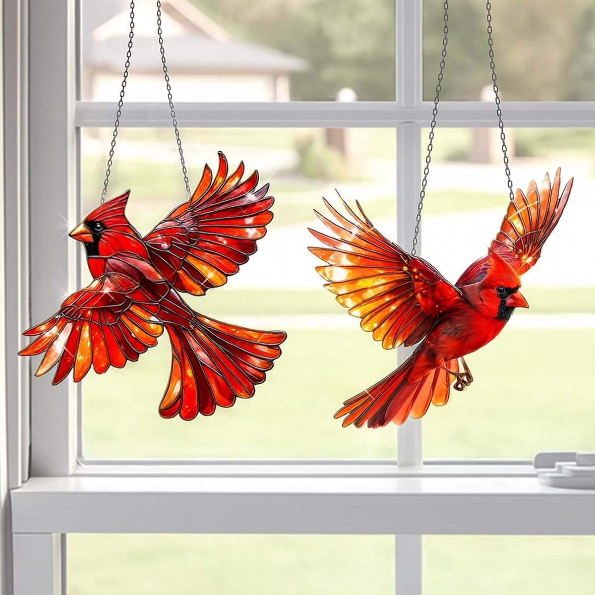 Vogelversieringen voor het raam - Anti-botsing ornamenten, acryl glas vogelafschrikkers, 2 stuks (rood)