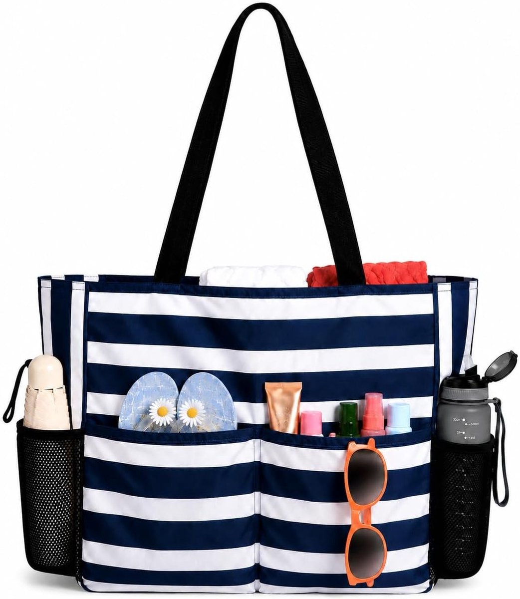 Extra Grote Waterdichte Strandtas voor Vrouwen met Rits en Pocket, Herbruikbare Tas voor Winkelen, Reizen en Strandactiviteiten