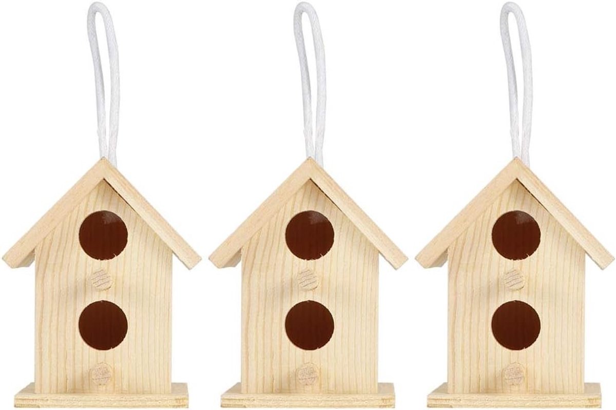 Houten Vogelhuisje met Dubbele Vensters en Touw voor Buiten - Set van 3 Nestkasten voor Tuin en Balkon, Perfect voor het Aantrekken van Vogels