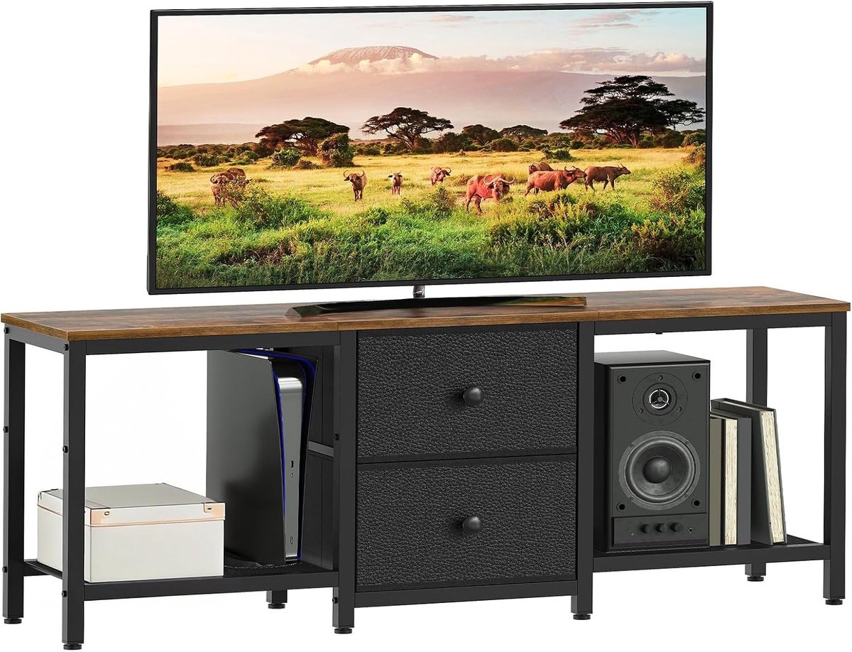 TV Meubel voor TV's tot 55 Inch - Vintage Bruin en Zwart, Laag TV Console met Open Compartimenten en 2 Lades voor Woonkamer en Slaapkamer - 120 x 30 x 50 cm