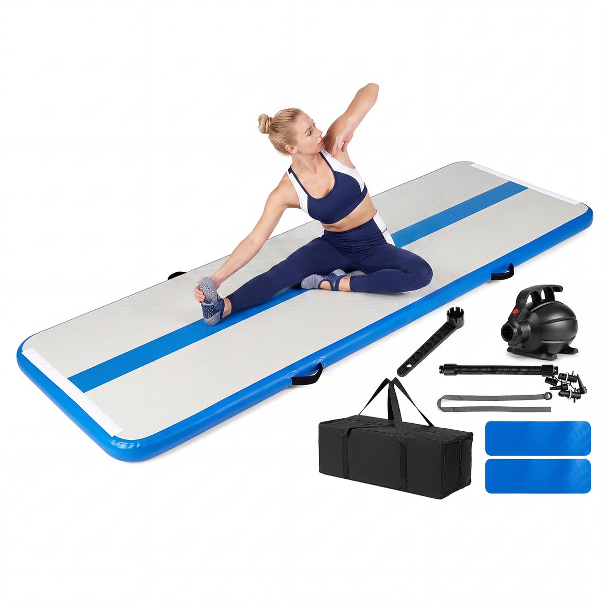 SureDeal® - Yogamatt - Opblaasbare Gymmat Draagbare - Elektrische Luchtpomp Multifunctionele - Draagtas - 297x98x11 cm - Blauw + Grijs
