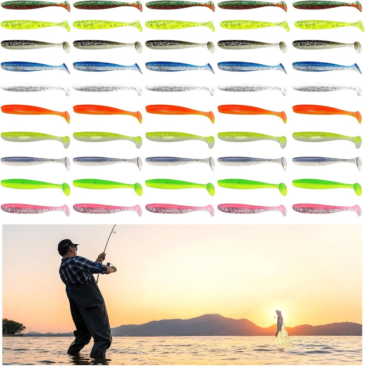 50 Stuks Zachte Kunstmatige Aas 7 cm T-Tail voor Baars, Zander en Riviergrondel - Perfect voor Zoetwatervissen