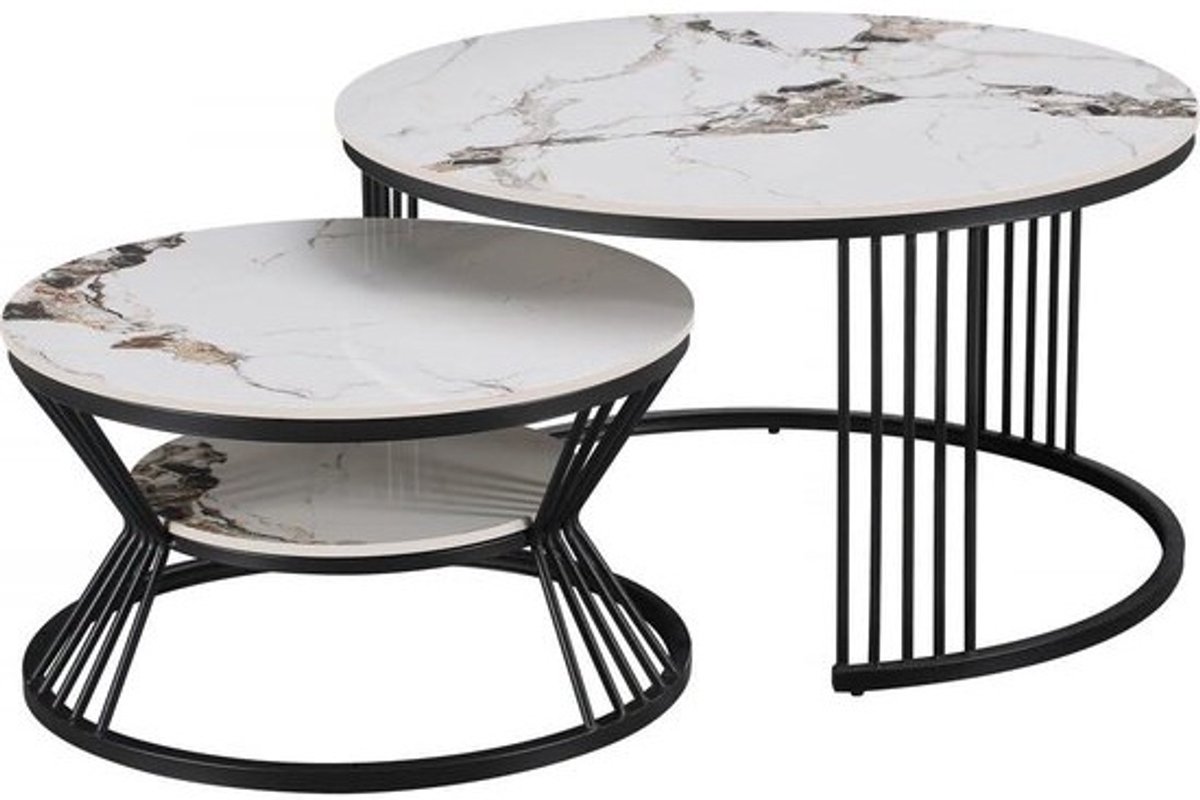 Salontafels Set - Bijzettafels Uitschuifbaar - Woonkamer Inrichten - Keramiek Marmereffect - 70x70x45 cm - Wit
