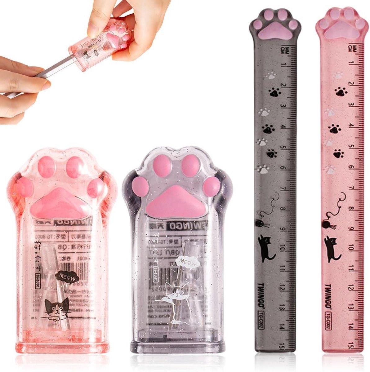 2 Stuks Correctieroller en 2 Mini Kattenklauw Linialen, Plastic Liniaal voor Kinderen, School, Kantoor en Thuis, Meetgereedschap voor Precisie en Creativiteit