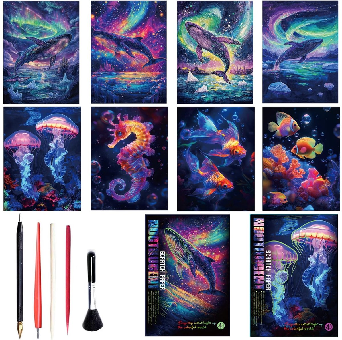 Scratch Art Set - Glow-in-the-Dark Zeewereld en Walvis - A4