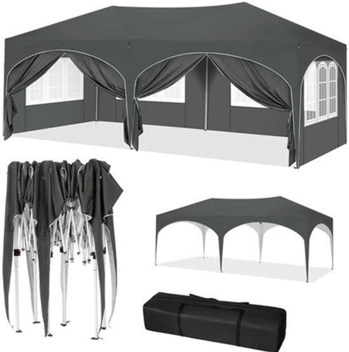 Vouwpaviljoen Gazebo - Gazebo Pop-Up Tent - Tuinpaviljoen - Kampeertent - Overkapping - Paviljoen - Opvouwbare Partytent - Tenten - 3x6m - 6 Zijkanten Verstelbare - Verstelbare Hoogte - Waterdichte - Grijs