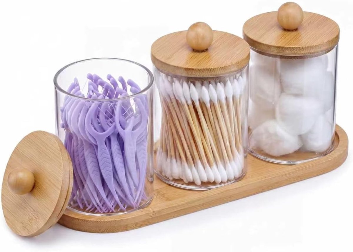Set van 3 Stuks Wattenstaafjes Houder met Bamboe Deksel en Tray, Organizer voor Wattenstaafjes, Wattenpads en Tandenstokers in de Badkamer