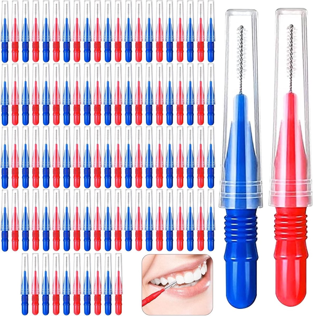 Set van 100 Herbruikbare Interdentale Borstels in Rood/Blauw (2 Maten) voor Tandenreiniging, Professionele Mondhygiëne en Verwijdering van Tandplak en Slechte Adem