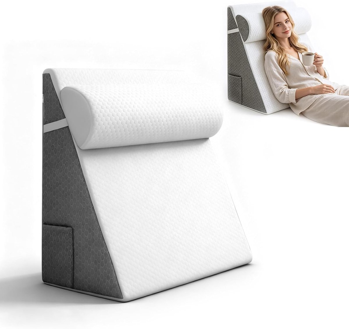 Anti snurk kussen - Grijs-wit - 61 x 61 x 25,5 cm - Orthopedisch schuimkussen met afneembare hoes - Voor ondersteuning bij slapen en ontspanning