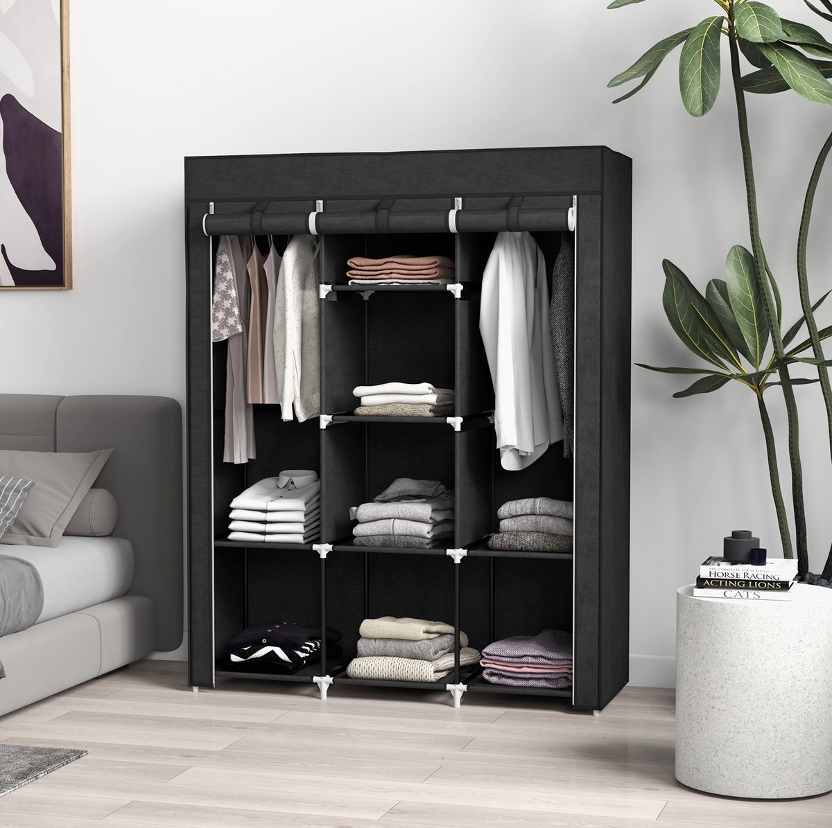 FloraGrace Kledingkast - Opvouwbare Stoffen Kast Met 2 Hangroedes En 8 Planken - Voor Slaapkamer En Hal - Zwart - 125x43x162,5 Cm