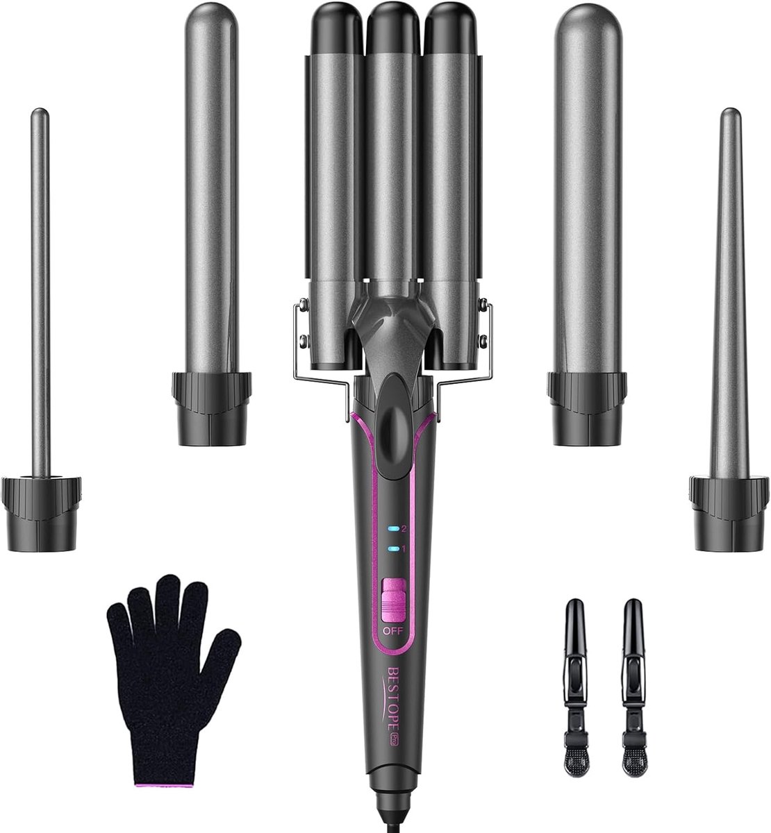 Thijox - 5-in-1 Krultangset met Keramische Vaten, Grote Krullen, Temperatuurinstelling, Snelle Opwarming, Inclusief Handschoen en Clips voor Feest, Da