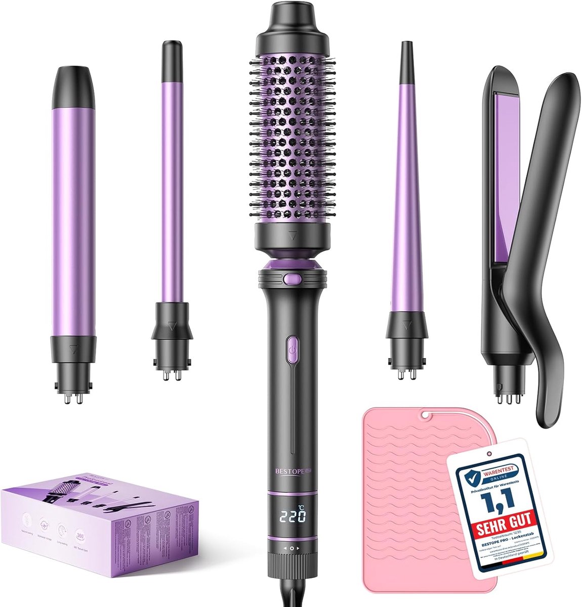 Thijox - 5-in-1 Krultang Set, Professionele Krultang, Stijltang, Thermoborstel, 3 Keramische Krultangen, 13 Temperatuurinstellingen, Lila voor Feest &