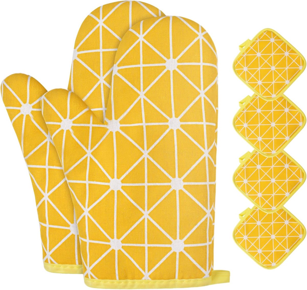 Thijox - 6-delige set ovenwanten en pannenlappen, hittebestendige barbecuehandschoenen, antislip kookhandschoenen van katoen met gerecyclede vulling,