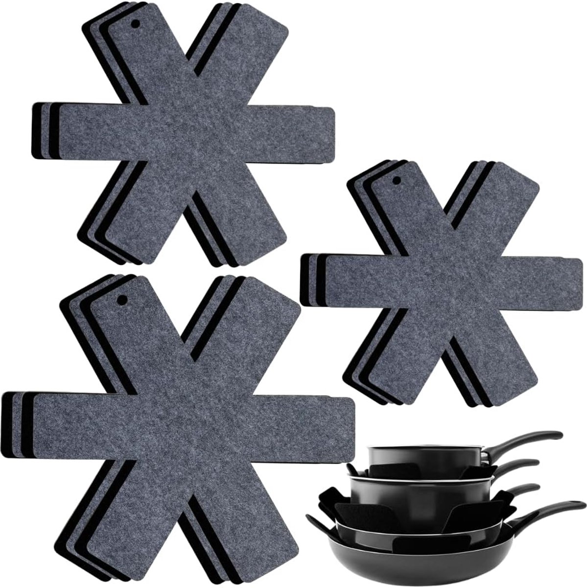 Thijox - 12 Pannenbeschermers van Vilt - Pottenbeschermers voor Krasbescherming, Geluidsdemping, 3 Maten, Zwart en Grijs - Voor Keuken, Anti-aanbak, G