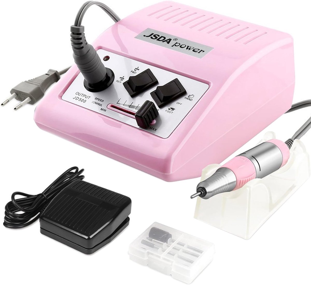 Thijox - Elektrische Nagelfrees JD500, 30.000 omw/min, Professionele Manicure en Pedicure, Gelnagels en Acrylnagels, Inclusief 4 Bits, Roze met Voetpe