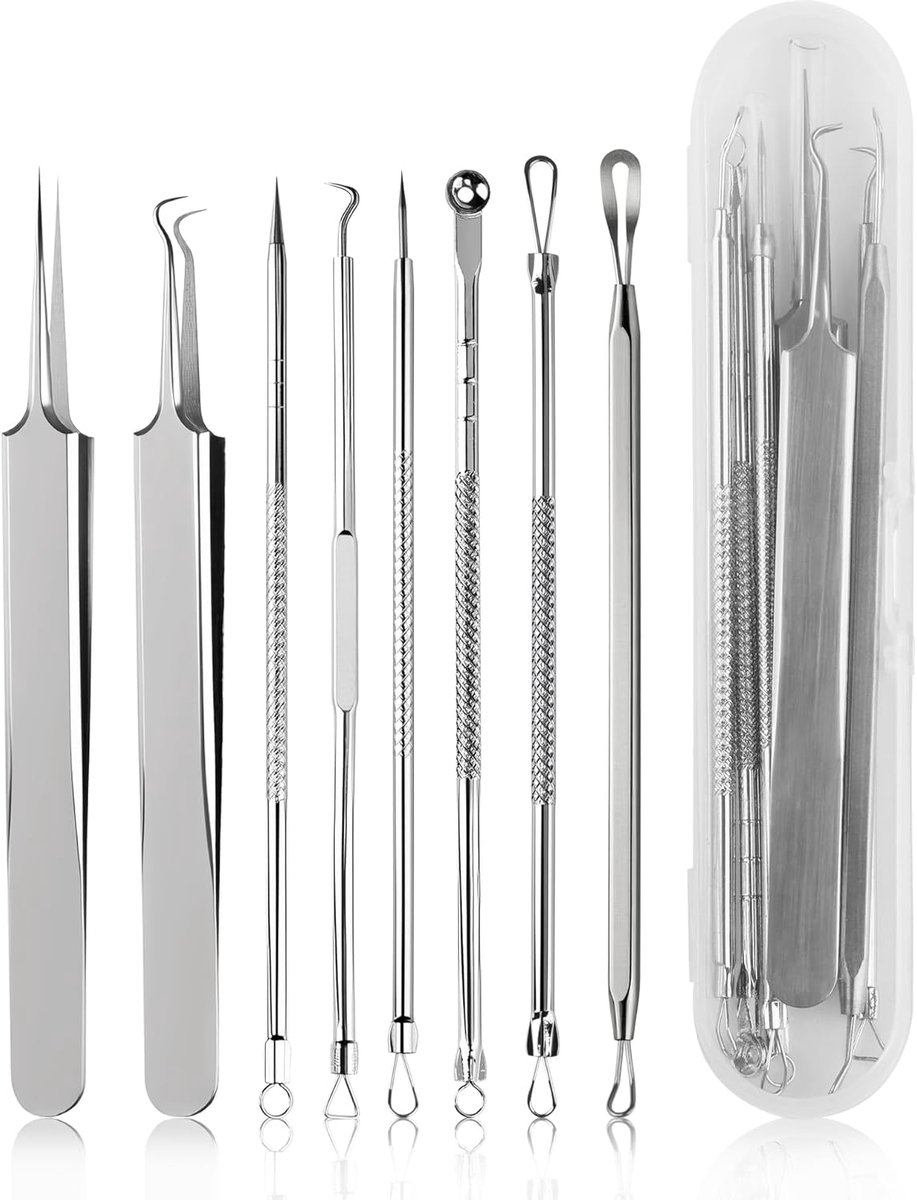 Thijox - Mee-Eter Verwijderaar Set 8 Stuks, Professionele RVS Comedone Extractor Kit met Opbergdoos, Acne Verwijder Tools voor Puistjes en Whiteheads