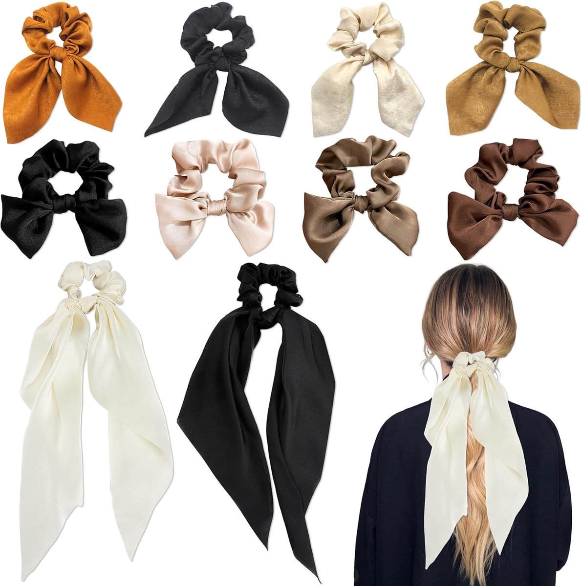 Thijox - Haarelastiek Met Strik, 10 Stuks Zijden Haarstrikken, Elastische Satijnen Scrunchies, Lange Band, Haaraccessoires Voor Dames, Perfect Voor Fe