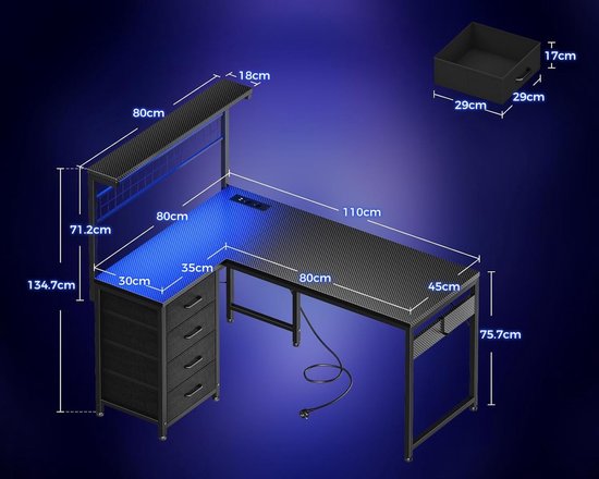 Gamingbureau met LED - Hoekbureau Opbergruimte - Efficiënt Werken - Omkeerbaar L-vormig ontwerp - 110 x 80 cm - Zwart — afbeelding 3