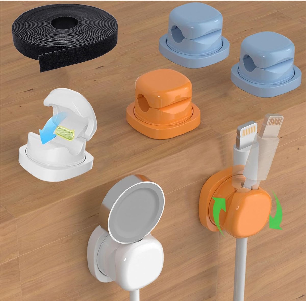 SnelShoppen - Kabel Organizer Set met 6 Rotatable 360° Kabel Clips en 1 Kabelbinder - Zelfklevende Kabelhouders voor Opladers/USB/HDMI, Voor Wand en B