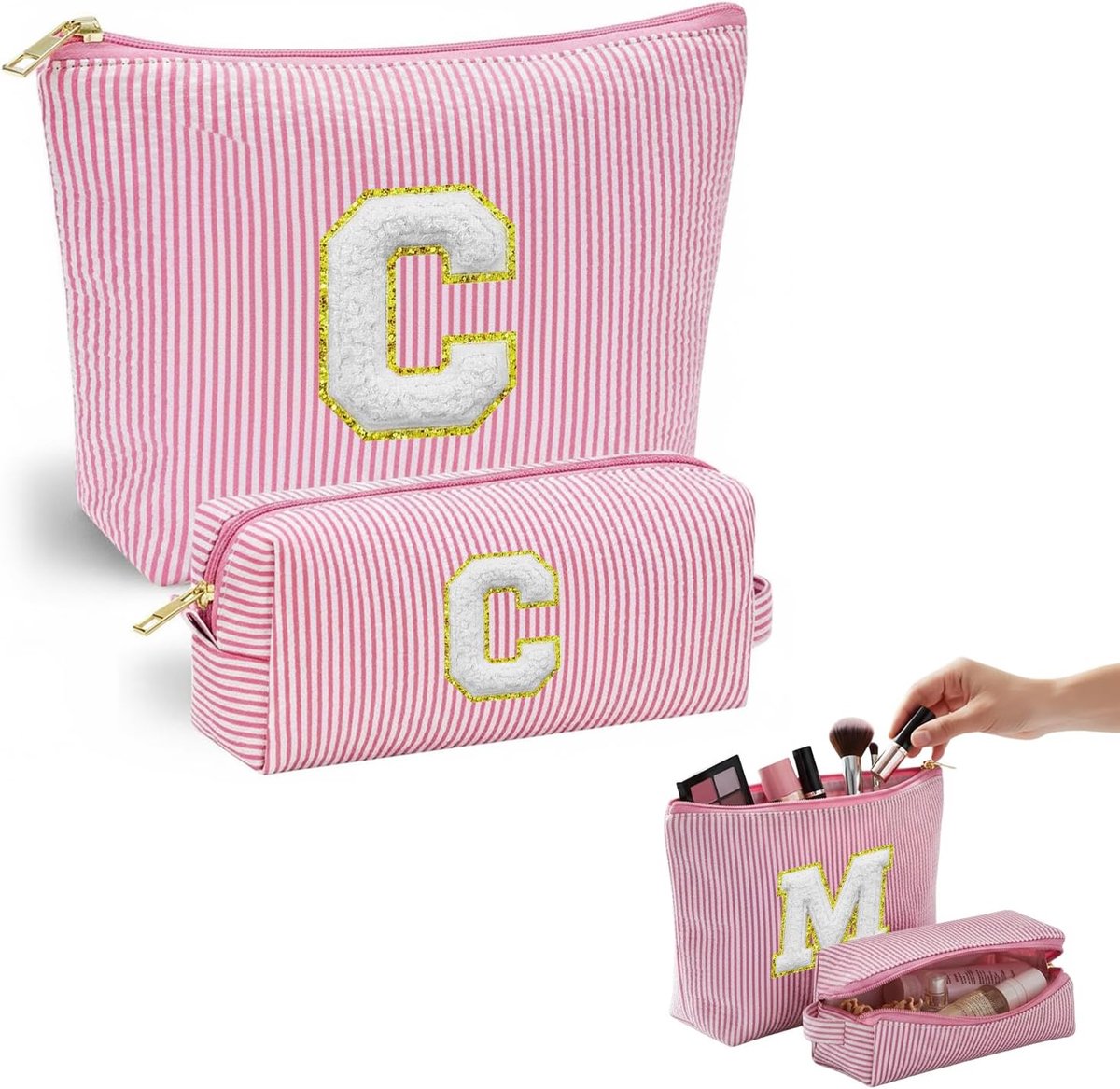 SnelShoppen - Personalised Makeup Bag Set - Ruime Cosmetica Tassen voor Vrouwen met Initialen A-Z, 2 Pack - Draagbare Toilettas, Ideaal Verjaardagscad
