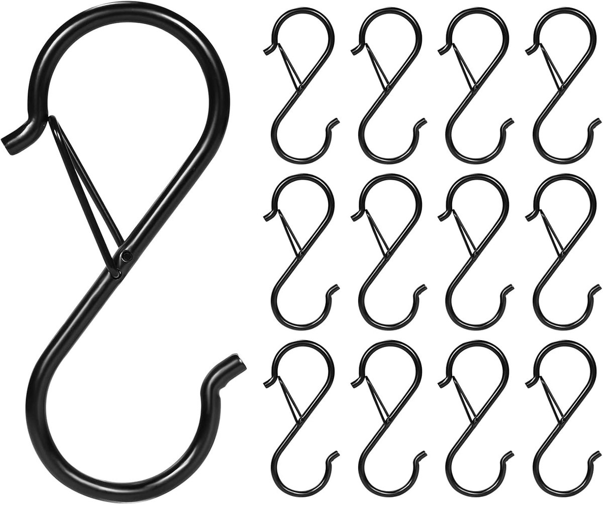 12 Stuks Kleine S Haakjes, Sterke Metalen Haakjes met Veiligheidsbeugel voor Kantoor, Keuken, Badkamer en Tuin (Zwart)