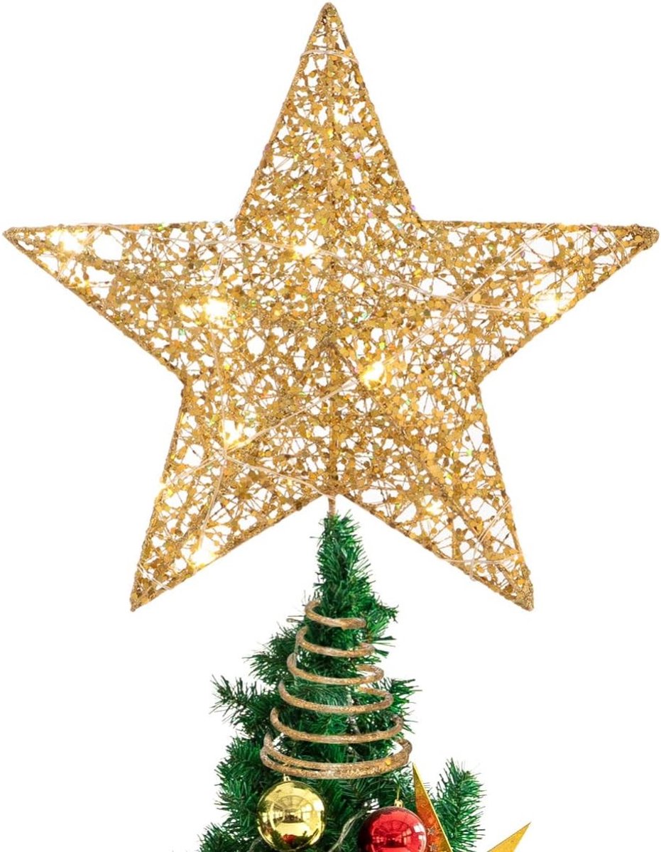 Verlichte Ster Topper voor Kerstboom - Glanzende Decoratie met Lichten en Glitter voor Feestelijke Sfeer in Huis