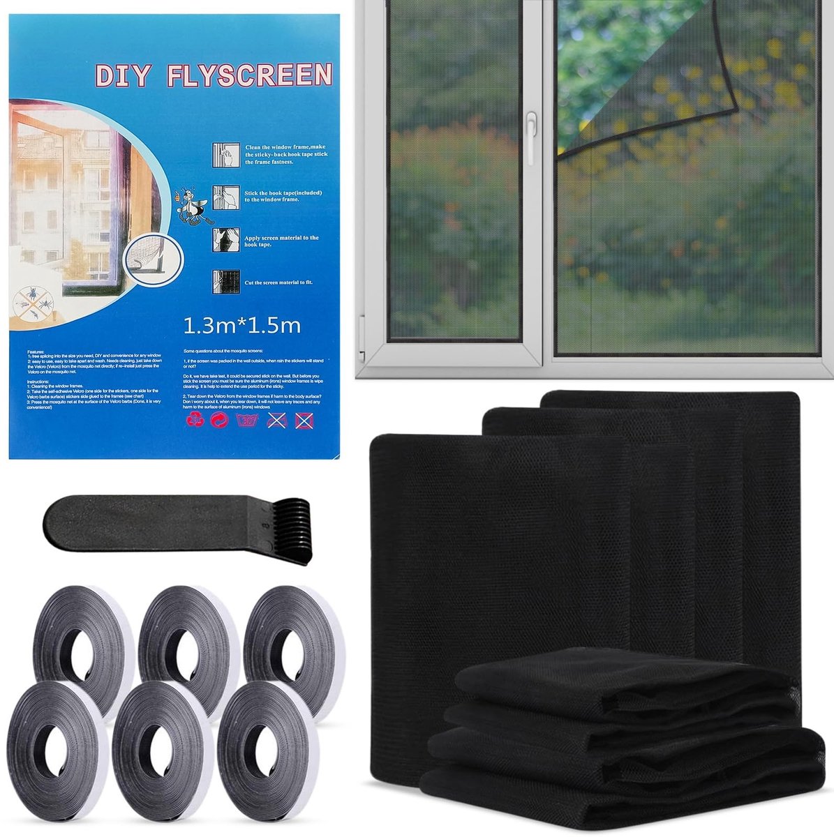 Dailygoods- Vliegengaas Ademend - Insectenbescherming - Raamhor - Zelfklevend - Klittenband - 6 Stuks 130x150 cm - Insectenhor