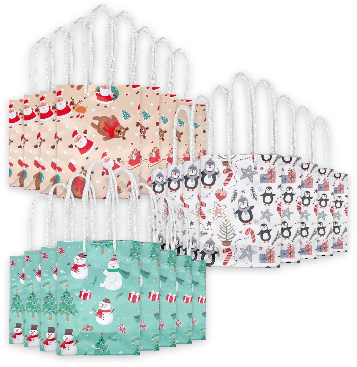 Dailygoods- Cadeauzakjes Herbruikbaar - Kerstzakjes - Cadeautasjes met Handvat - 24 Stuks - 23 x 18 x 8 cm - Glitter Motieven - Geschenkzakjes