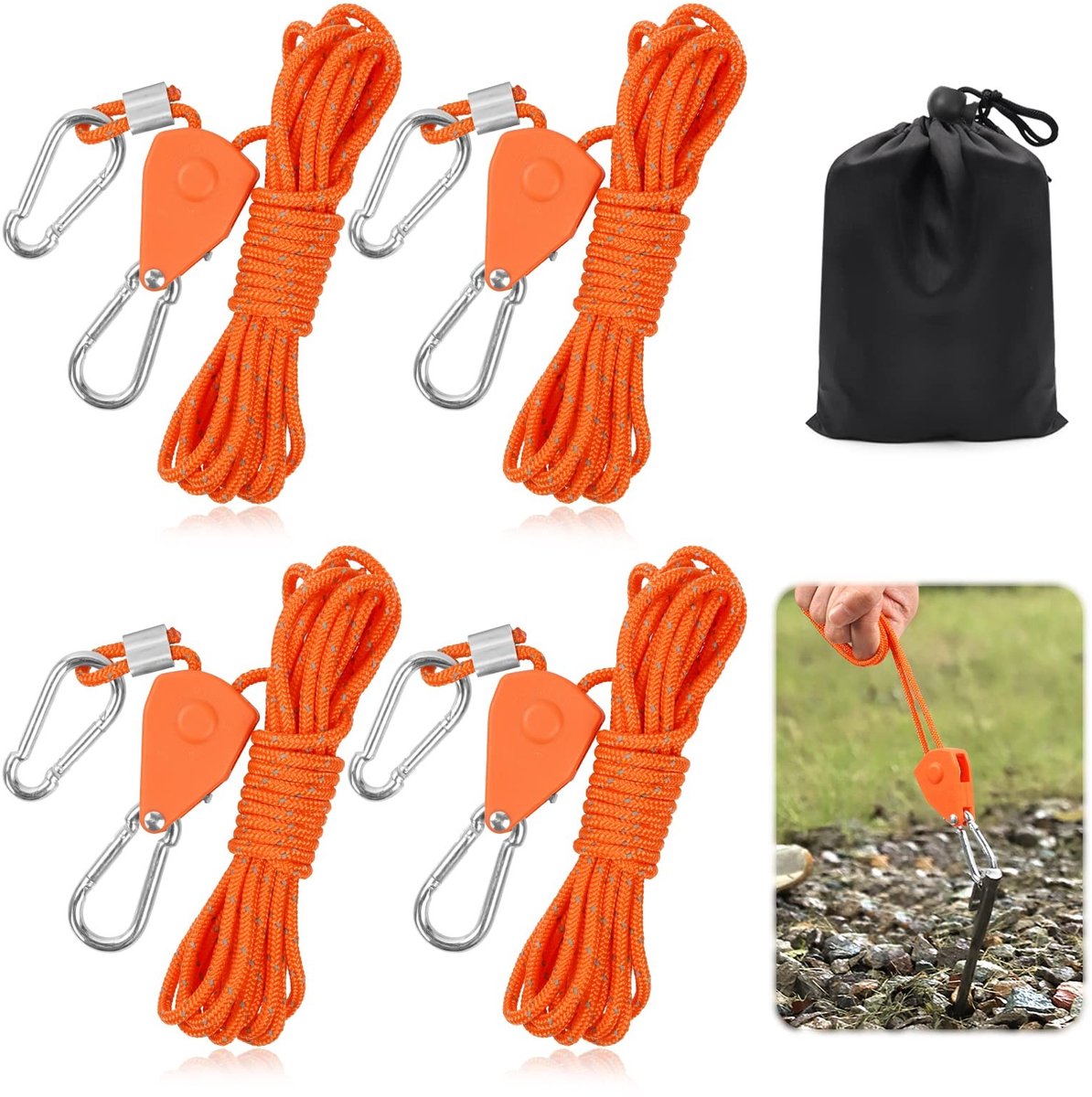 Dailygoods- Scheerlijnen 4 stuks - 4 m Paracord - Reflecterend Nylon - Metaallegering Karabijnhaak - Lichtgewicht en Duurzaam - Roestbestendig - Tenttouw