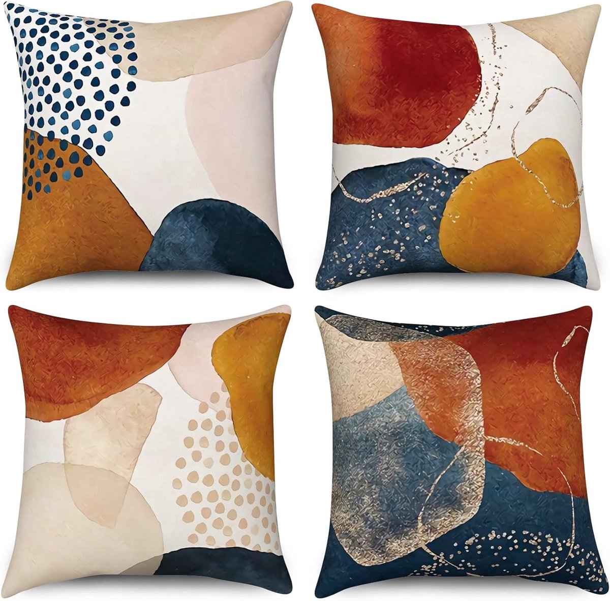 Thijox - Set van 4 Boho Kussenslopen 45 x 45 cm - Marineblauw en Verbrand Oranje - Abstract Geometrisch Design - Linnen Kussenhoezen voor Moderne Woon