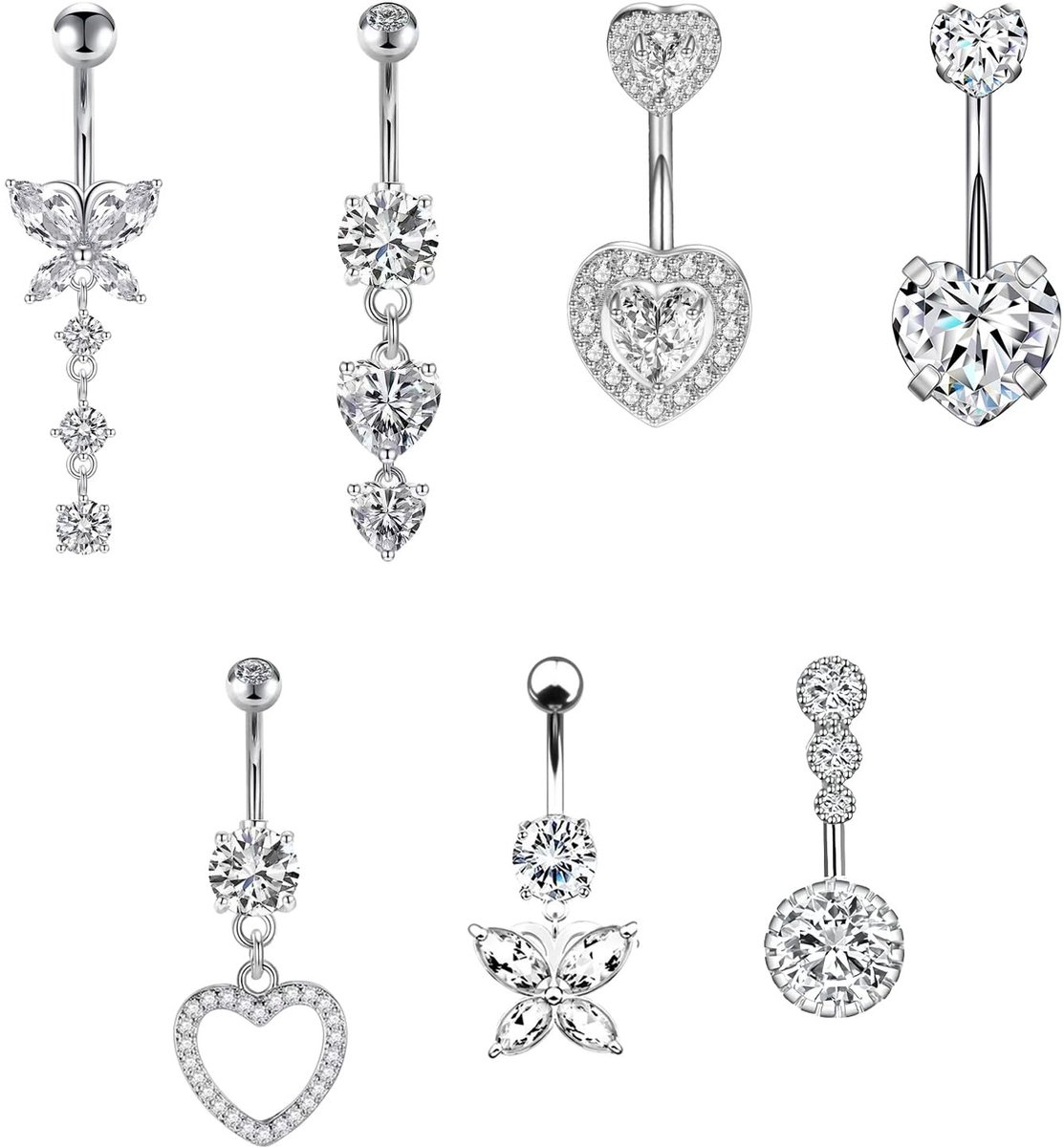 Dailygoods- Navelstaafjes 7-delige set - Hypoallergene navelpiercing - Roestvrij staal - Hart/vlinderontwerpen - Comfortabele ervaring - Zilverkleurig - Navelpiercings