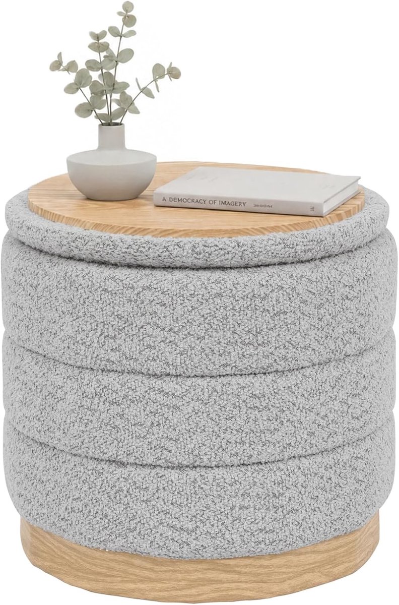 Thijox - Ronde Klapkruk met Opbergruimte en Tafelblad, Multifunctionele Voetenbank, Zitbank voor Woonkamer, Slaapkamer, Hal, Chenille, Zilvergrijs, 39