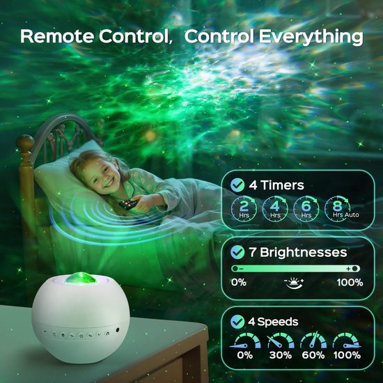 Thijox - Sterrenhemel Projector met 15 Kleuren, 360° Effecten, Melkweg Nachtlampje voor Kinderen en Volwassenen, Bluetooth, LED Licht, 15 Witte Geluid — afbeelding 3