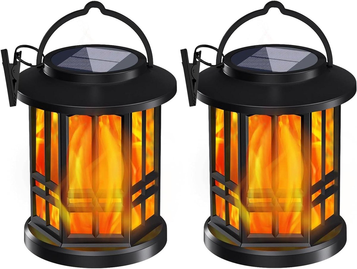 Zonne Lantaarn - Decoratieve Lamp - Tuin Verlichten - Flikkerende Vlam Effect - Set van 2 - Zwart