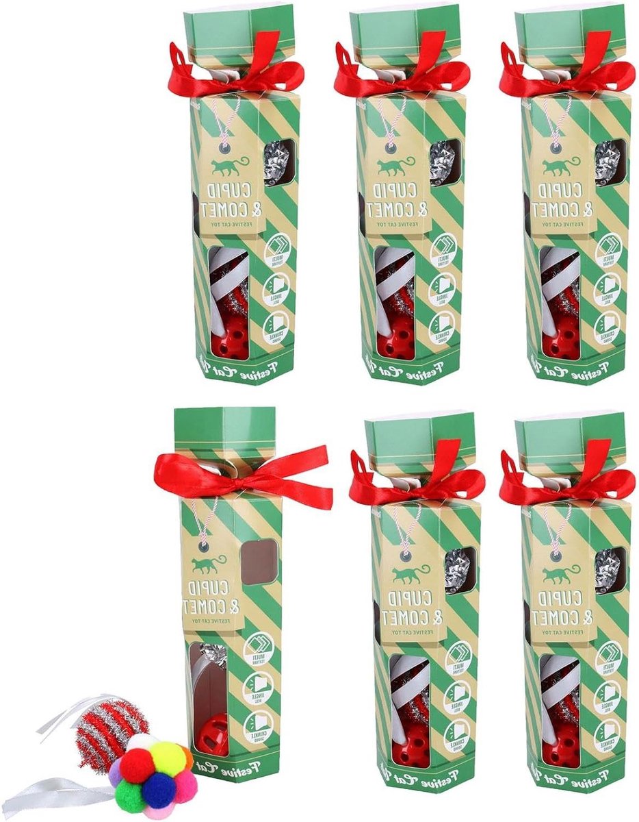 Katten Kerstcadeau - Cadeauset - Spelen en Plezier - 6 Crackers - 4 Ballen Per Cracker - Multicolor