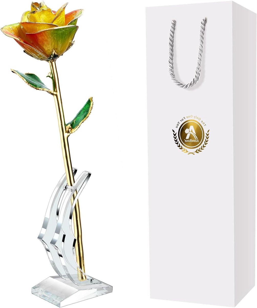 Gouden Roos - Echte Bloemen - Cadeau Geven - Handgemaakt Uniek Ontwerp - 30 cm - Regenboog