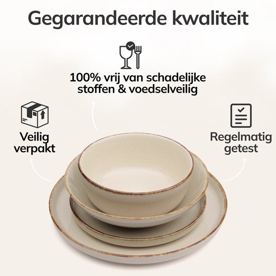 Crèmekleurig servies van massief aardewerk, 100% vrij van schadelijke stoffen. Veilig verpakt.