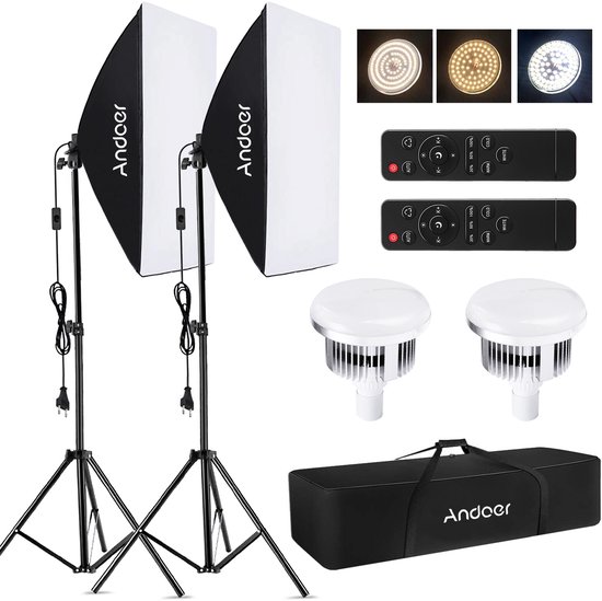 Compleet ANDOER studioverlichtingspakket met twee softboxen, lampen, afstandsbedieningen, statieven en draagtas.