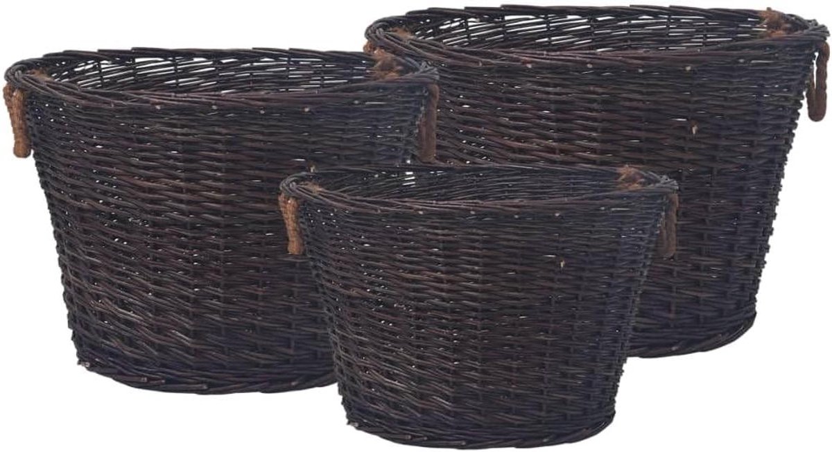 Houten manden set - Wilgentenen manden - Haardhout opslag - Stapelbaar ontwerp - Grootste 60 cm - Donkerbruin